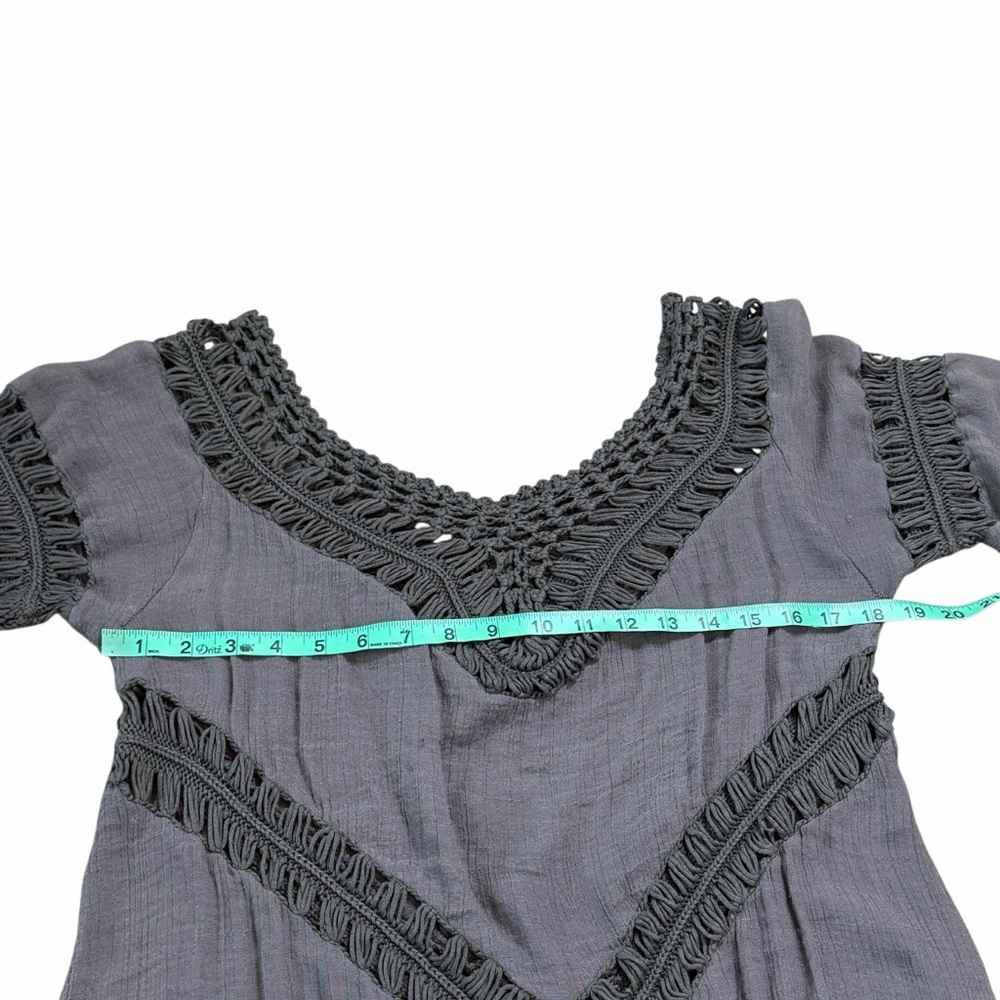Dreamers Dark Gray Crochet & Gauze Boho Fringe Tunic Blouse - Size Medium - Picture 11 of 14